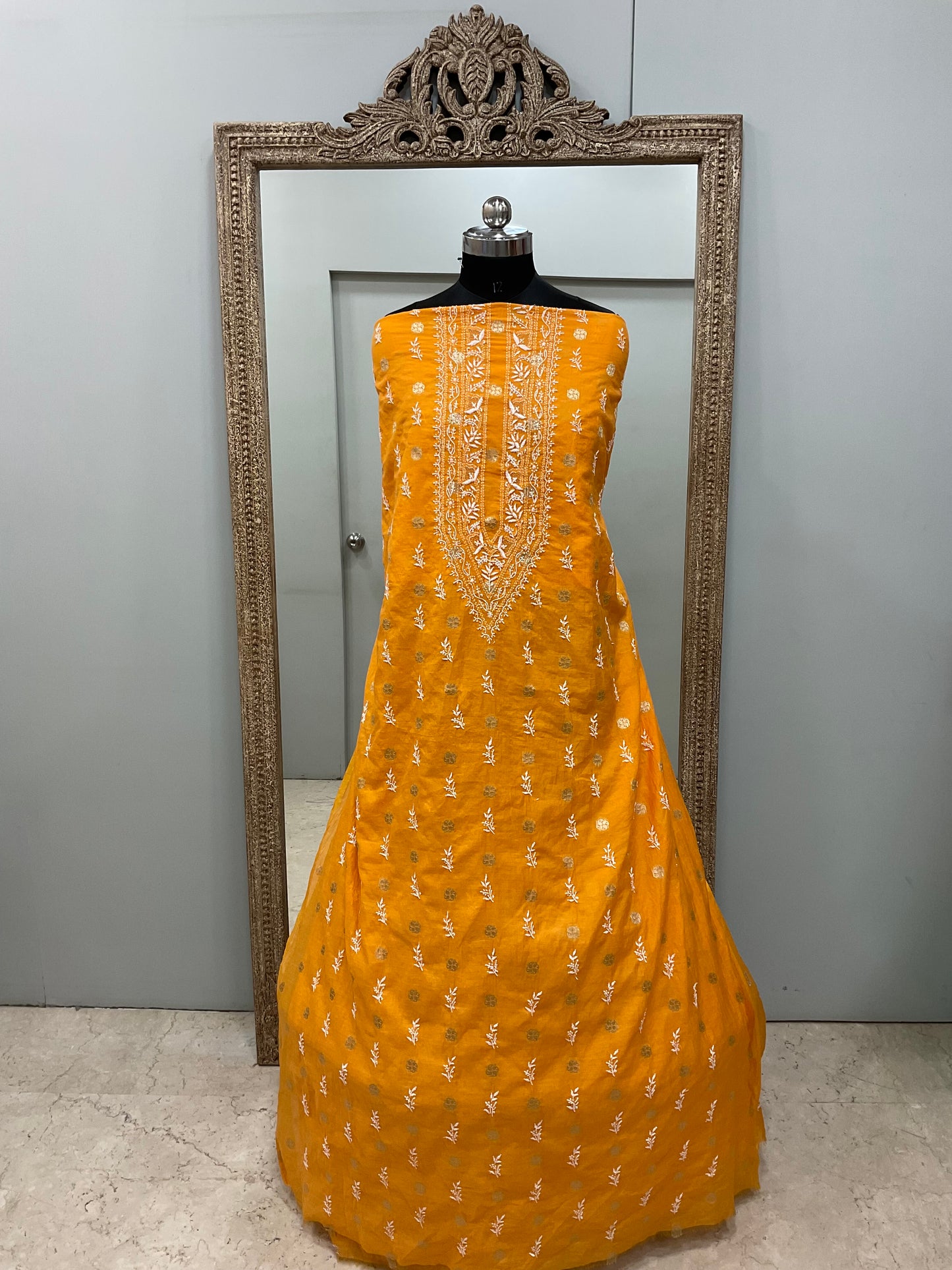 Gents Kurta Pure Chanderi Booty Front Jaal Heavy Chicken And Mukaish Work Orange