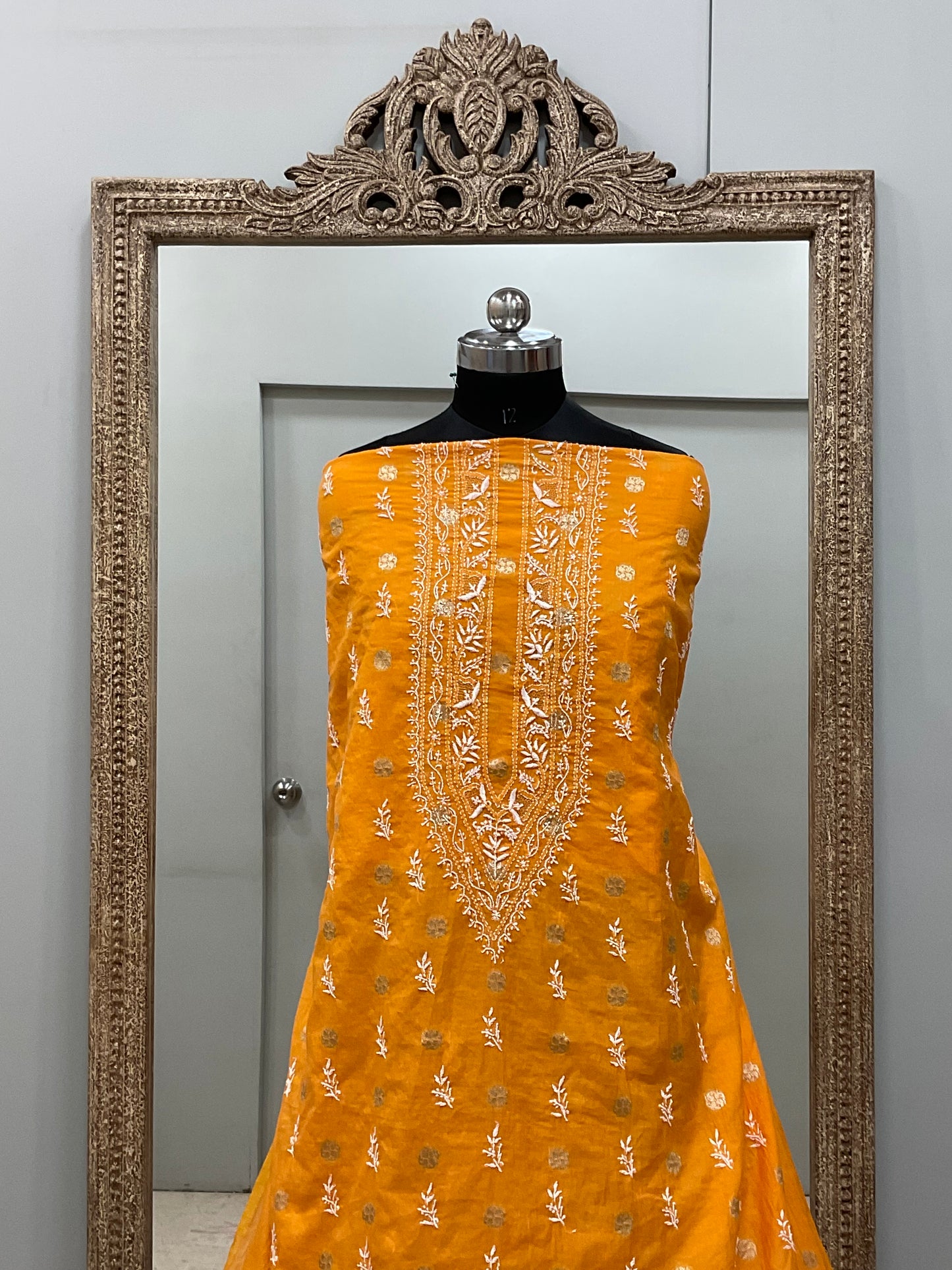 Gents Kurta Pure Chanderi Booty Front Jaal Heavy Chicken And Mukaish Work Orange