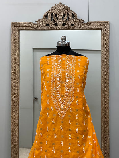 Gents Kurta Pure Chanderi Booty Front Jaal Heavy Chicken And Mukaish Work Orange