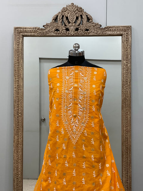 Gents Kurta Pure Chanderi Booty Front Jaal Heavy Chicken And Mukaish Work Orange