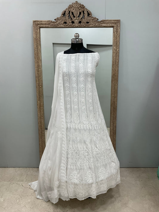 Pure Georgette Anarkali Heavy Chikan Work White 02