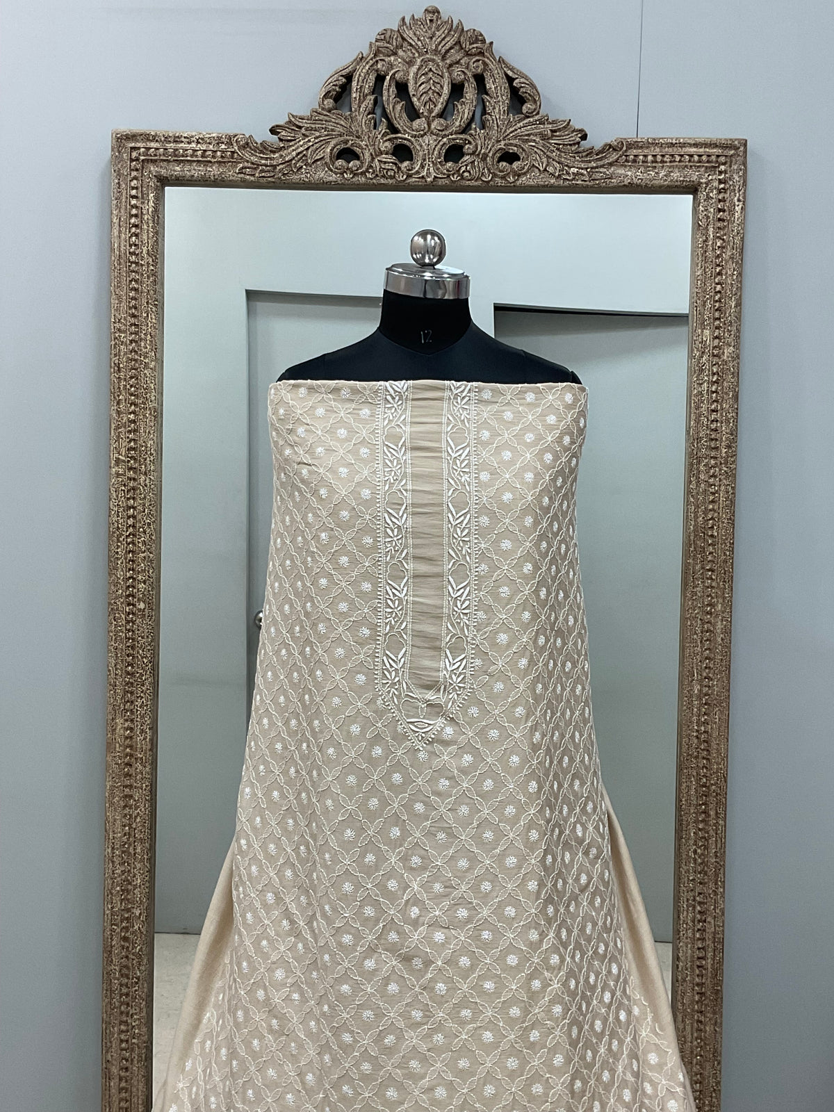 Pure Silk Gents Kurta Front Jaal Heavy Chickan Work Beige 05