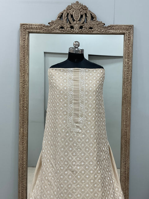 Pure Silk Gents Kurta Front Jaal Heavy Chickan Work Beige 05