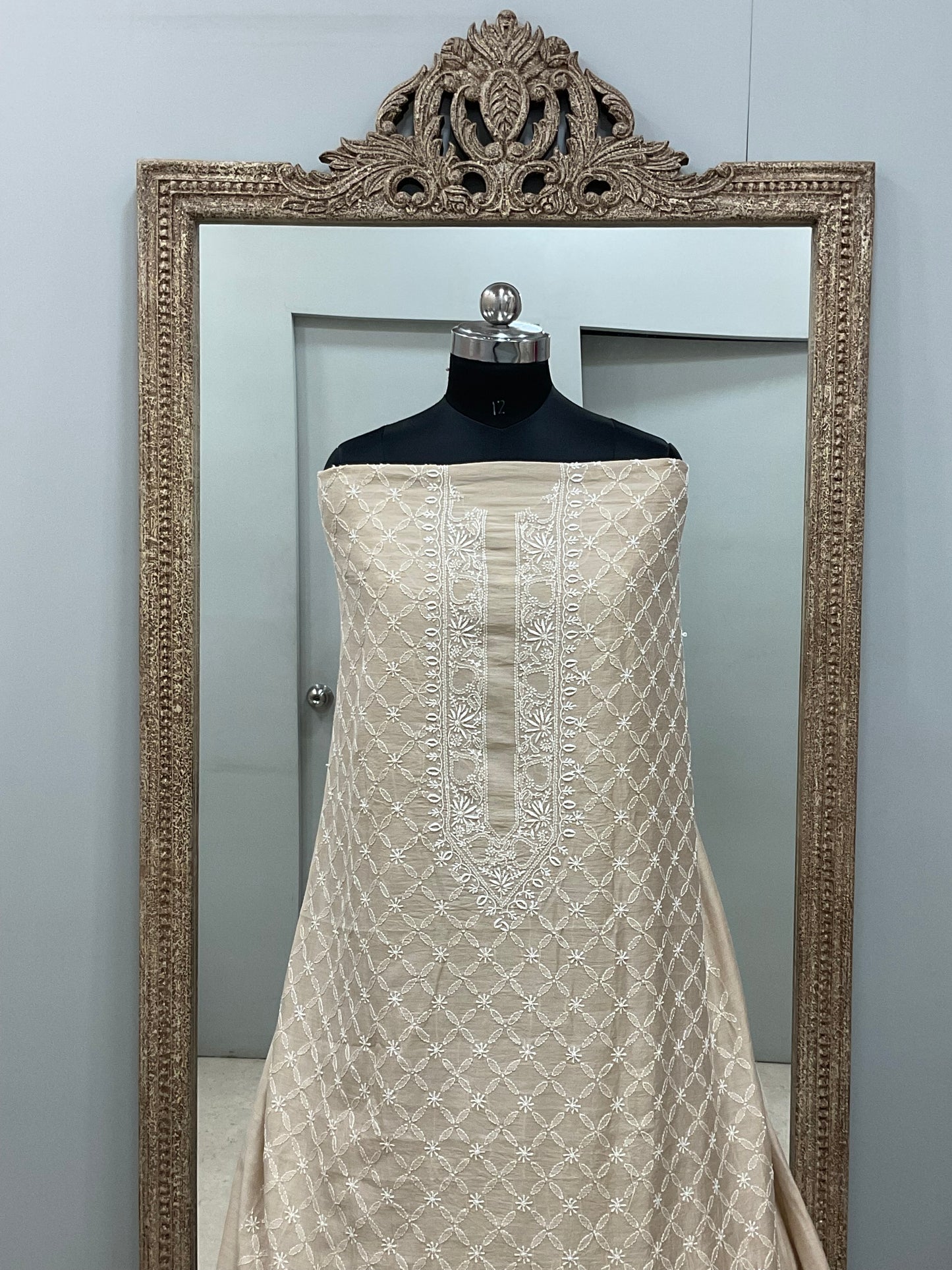 Pure Silk Gents Kurta Front Jaal Heavy Chickan Work Beige 06