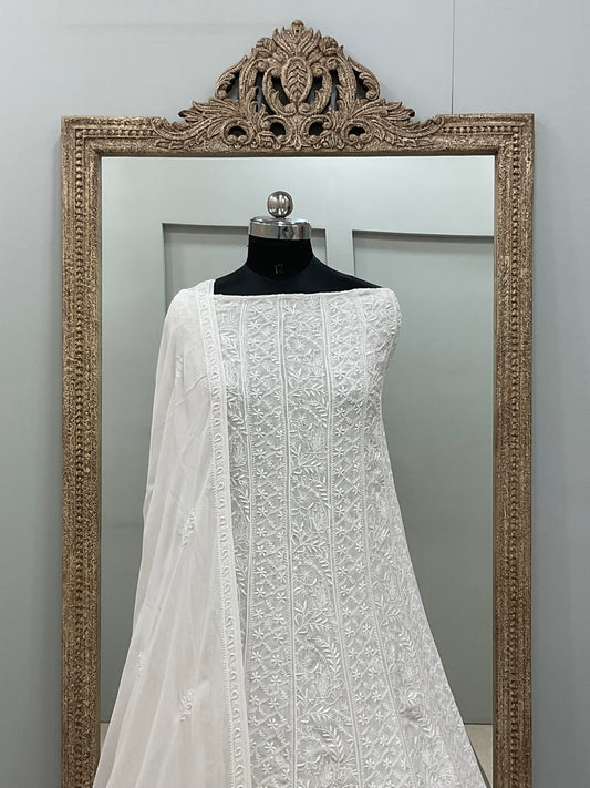 Pure Georgette Anarkali Heavy Chikan Work White 01