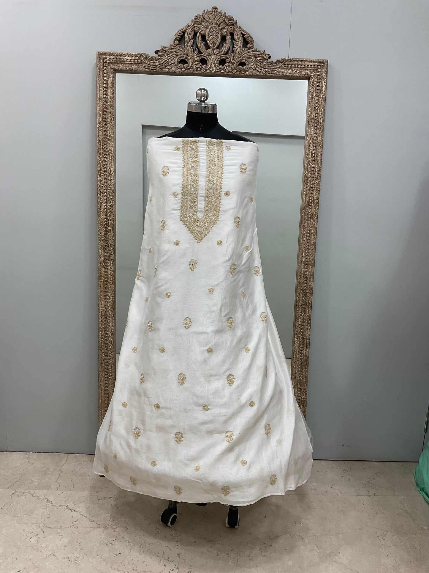 Gents Kurta Pure Chanderi Front Jaal Heavy Cutdana and Pearl Golden And White 01