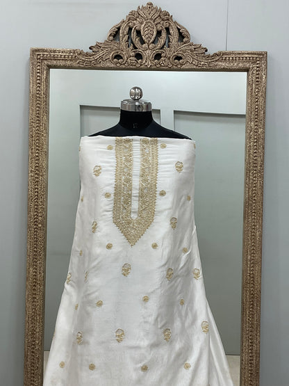 Gents Kurta Pure Chanderi Front Jaal Heavy Cutdana and Pearl Golden And White 01