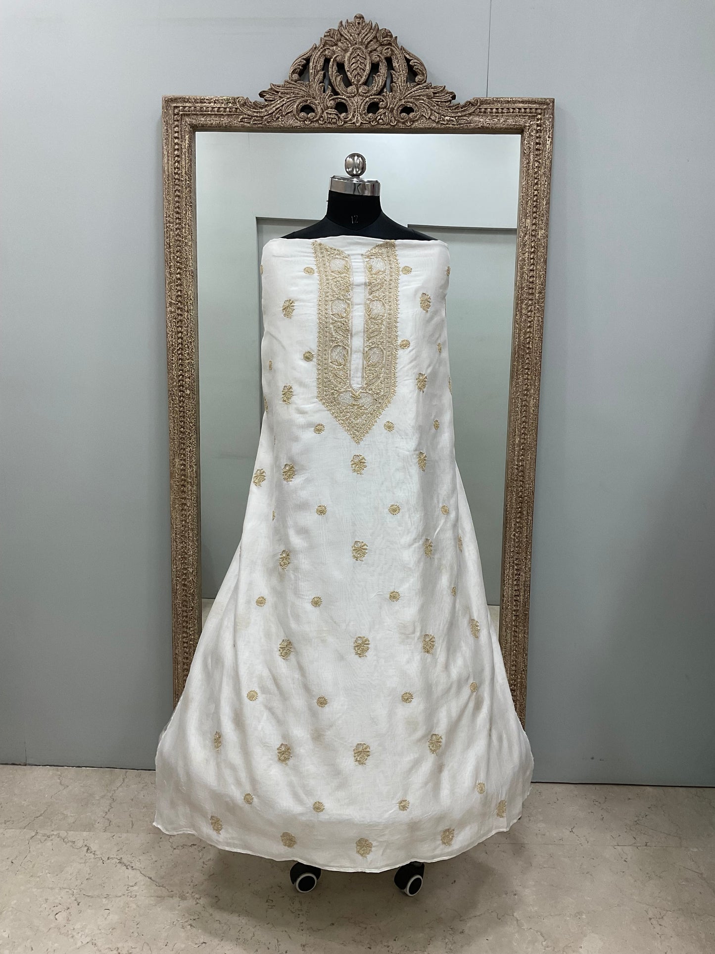 Gents Kurta Pure Chanderi Front Jaal Heavy Cutdana and Pearl Golden And White 02