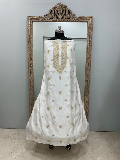 Gents Kurta Pure Chanderi Front Jaal Heavy Cutdana and Pearl Golden And White 02