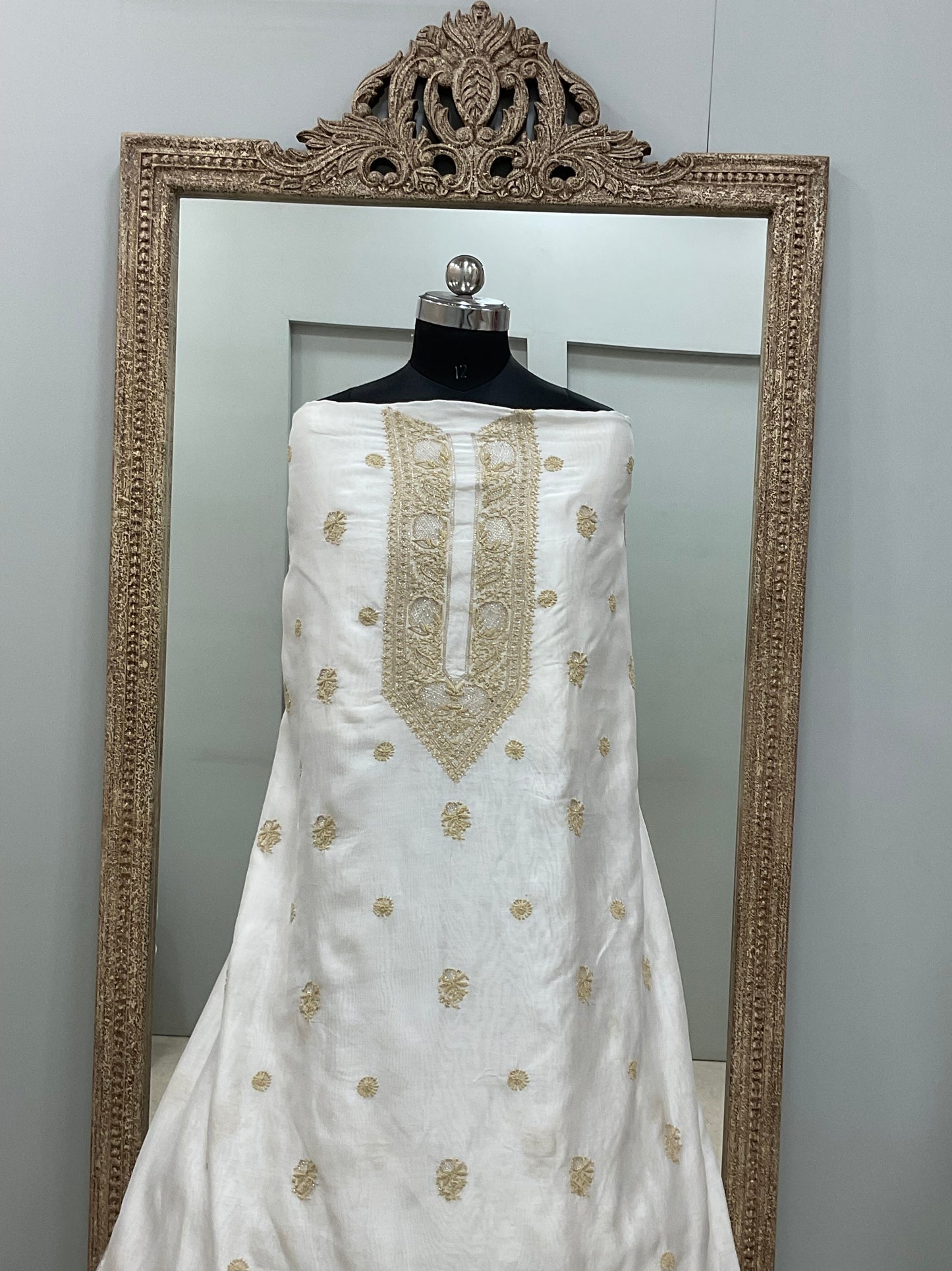Gents Kurta Pure Chanderi Front Jaal Heavy Cutdana and Pearl Golden And White 02
