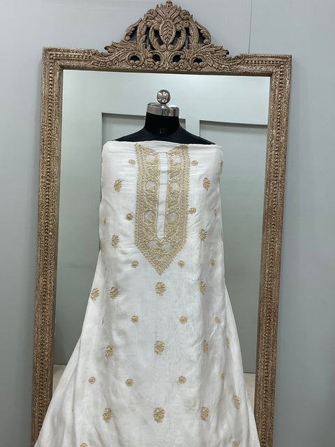 Gents Kurta Pure Chanderi Front Jaal Heavy Cutdana and Pearl Golden And White 02