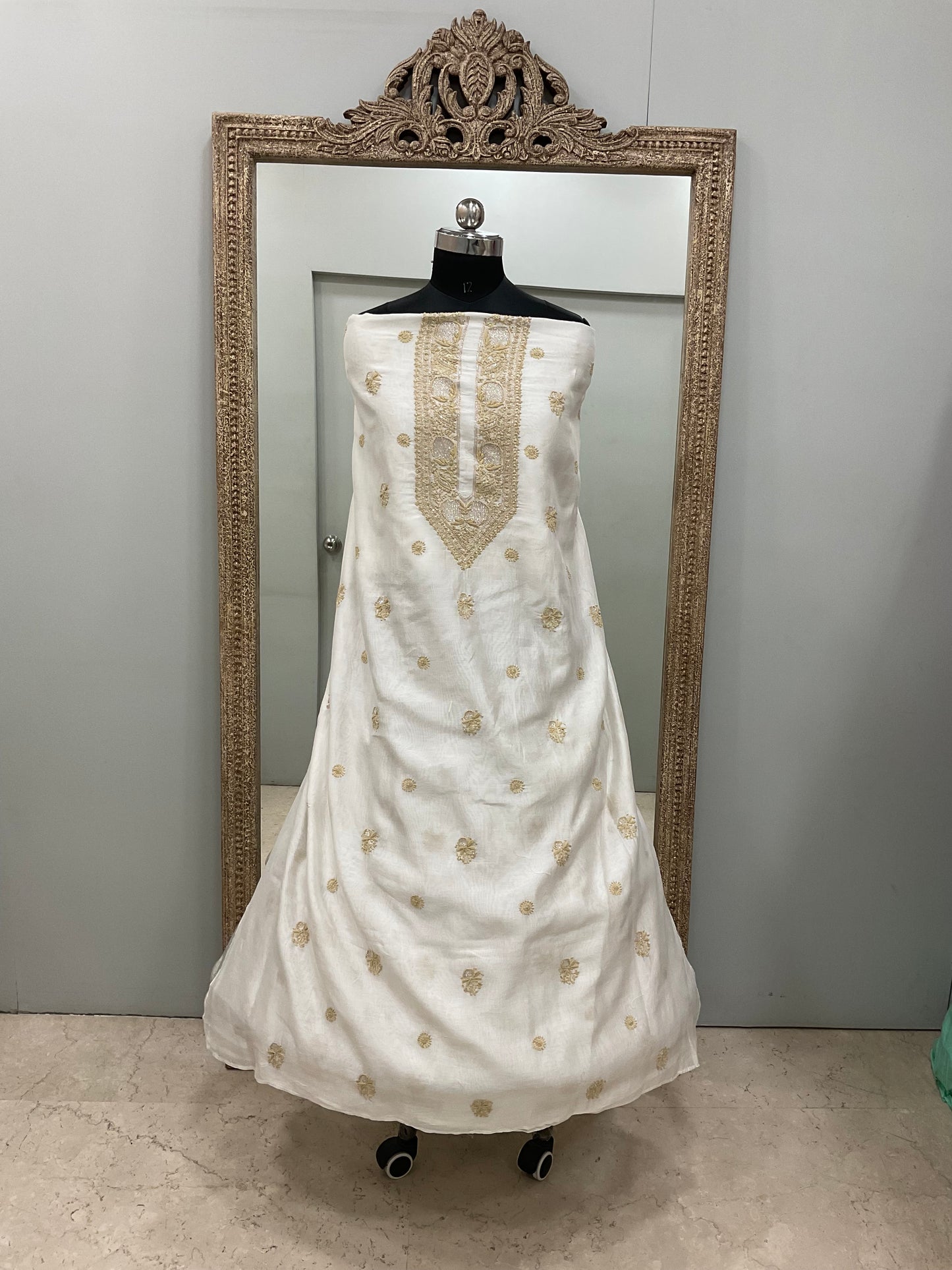 Gents Kurta Pure Chanderi Front Jaal Heavy Cutdana and Pearl Golden And White 03