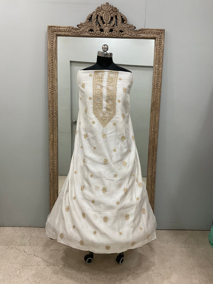 Gents Kurta Pure Chanderi Front Jaal Heavy Cutdana and Pearl Golden And White 03