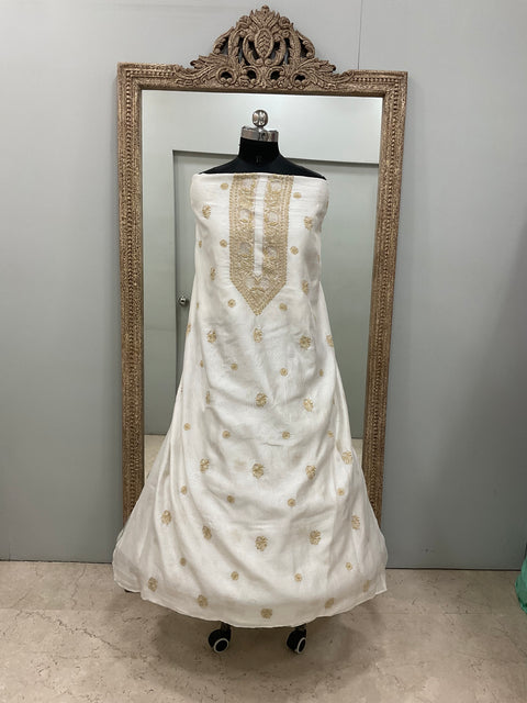 Gents Kurta Pure Chanderi Front Jaal Heavy Cutdana and Pearl Golden And White 03