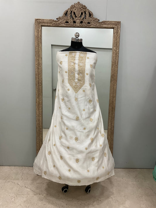 Gents Kurta Pure Chanderi Front Jaal Heavy Cutdana and Pearl Golden And White 03