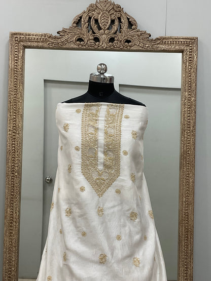 Gents Kurta Pure Chanderi Front Jaal Heavy Cutdana and Pearl Golden And White 03