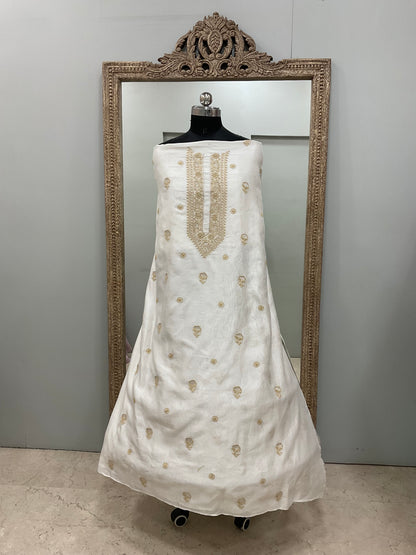 Gents Kurta Pure Chanderi Front Jaal Heavy Cutdana and Pearl Golden And White 04
