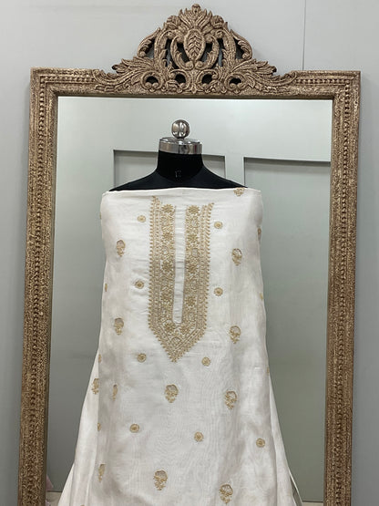 Gents Kurta Pure Chanderi Front Jaal Heavy Cutdana and Pearl Golden And White 04