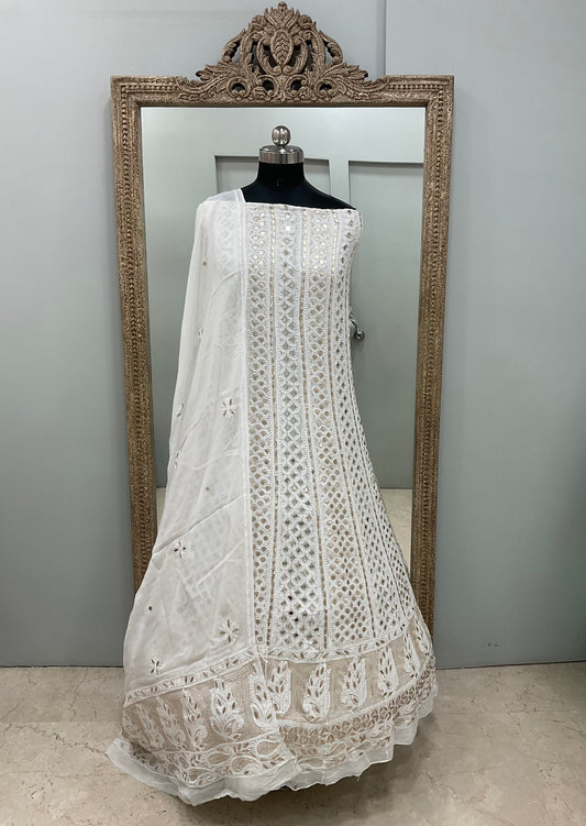 Georgette Anarkali Heavy Gota Mirror And Pearl Work White 11