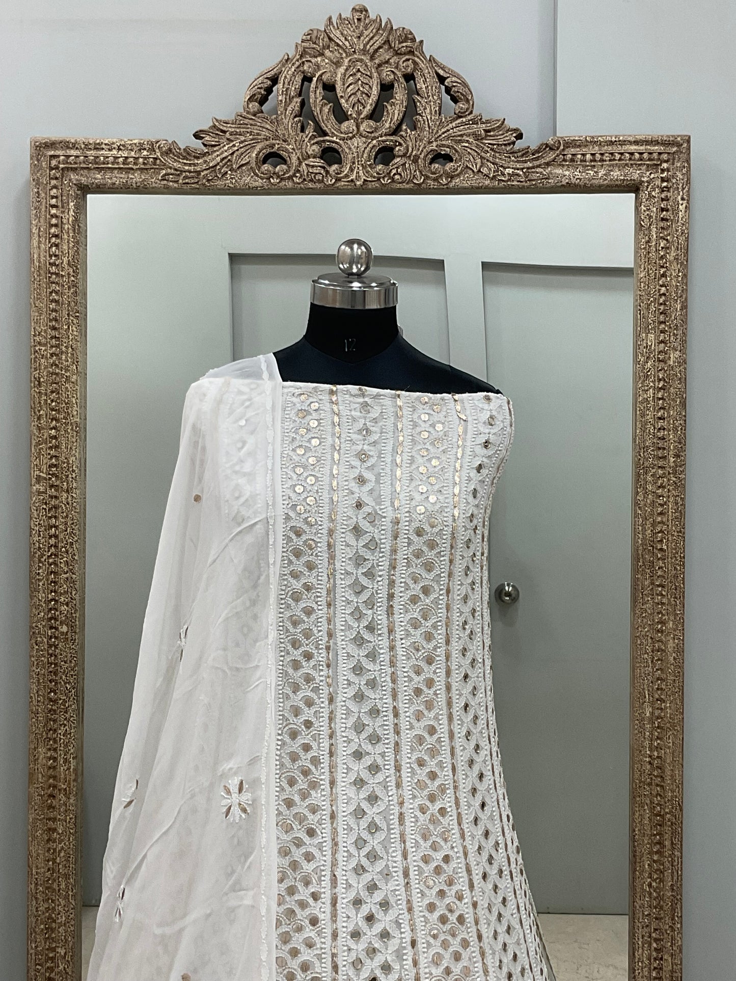 Georgette Anarkali Heavy Gota Mirror And Pearl Work White 11