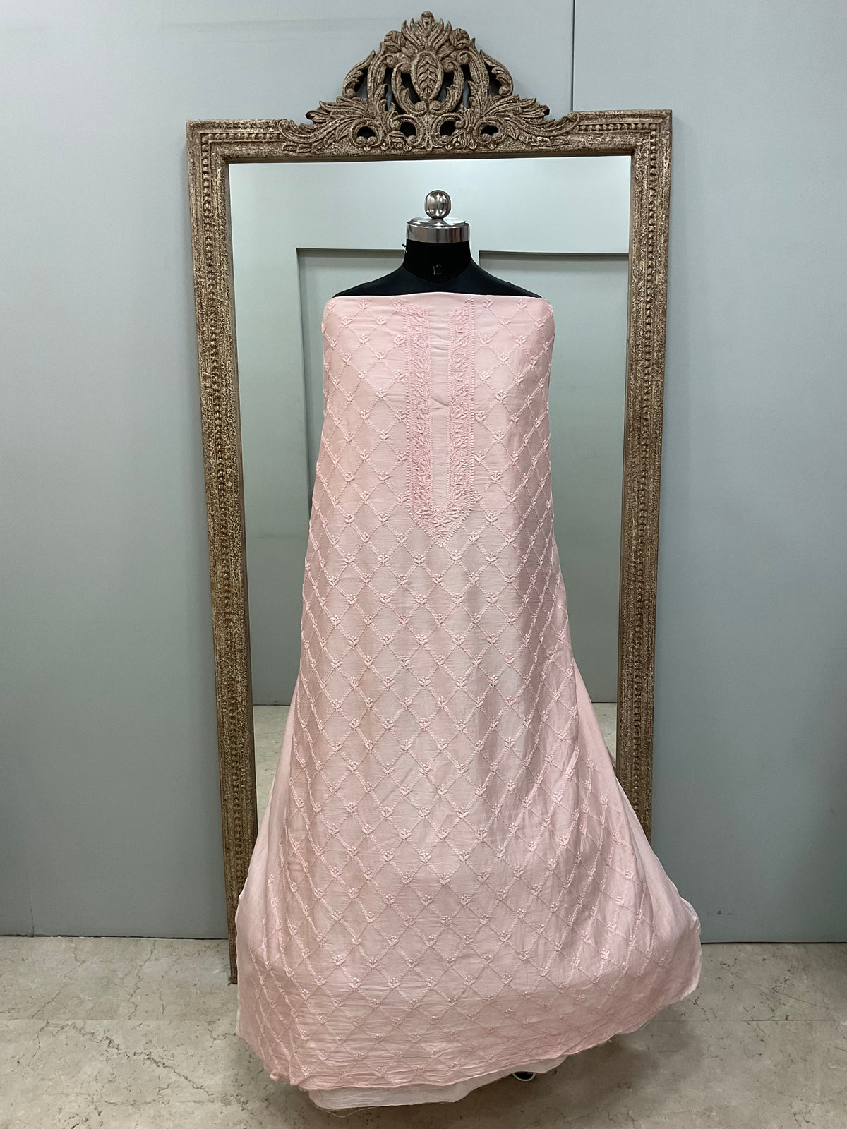 Gents Kurta Pure Chanderi Front Jaal Heavy Chicken Work Pink