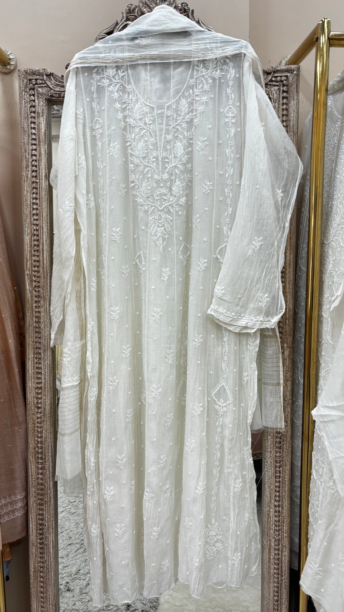 Pure Mul Anarkali Heavy Pearl And Cutdana Work With Dupatta Off White 01