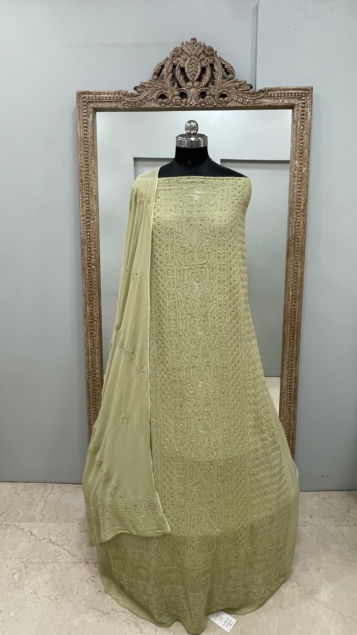 Colored Pearl Georgette Shirt With Dupatta  Green