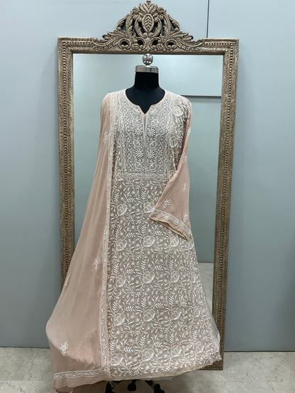 Pure Georgette Heavy Chickankari Work Semistiched Straight Shirt And Dupatta Front And Back Beige