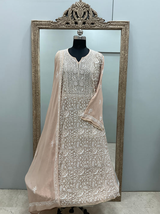 Pure Georgette Heavy Chickankari Work Semistiched Straight Shirt And Dupatta Front And Back Beige