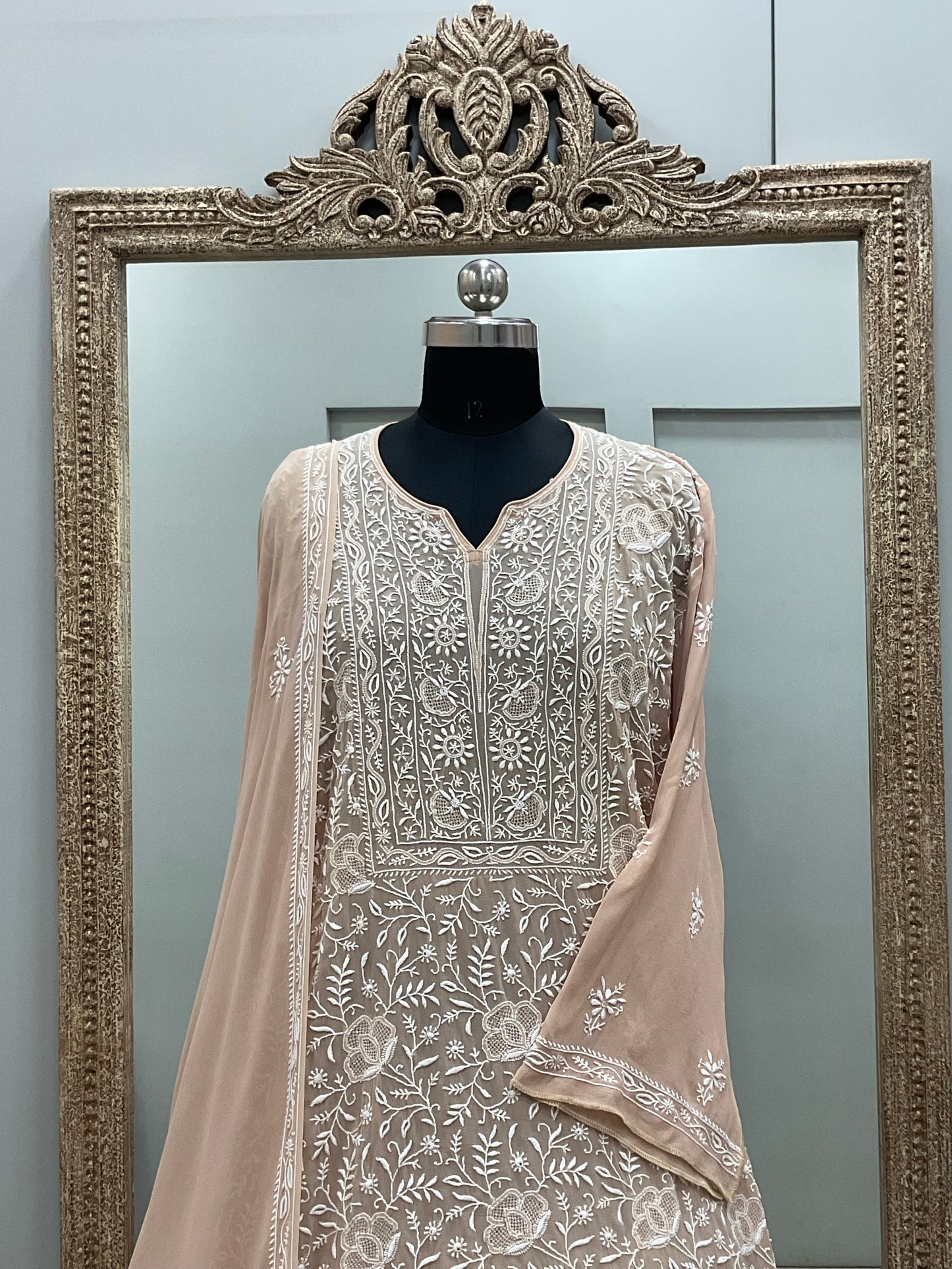 Pure Georgette Heavy Chickankari Work Semistiched Straight Shirt And Dupatta Front And Back Beige