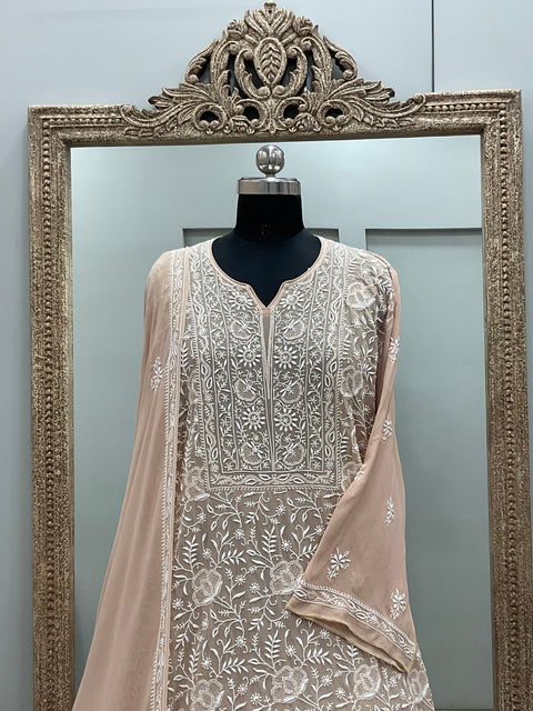 Pure Georgette Heavy Chickankari Work Semistiched Straight Shirt And Dupatta Front And Back Beige