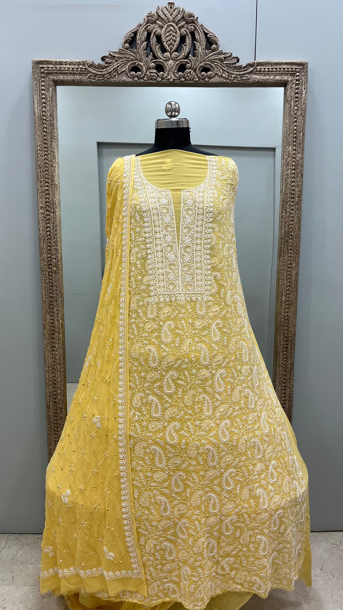 Pure Georgette Superfine Straight Heavy Sequence Pearl and Cutdana Yellow