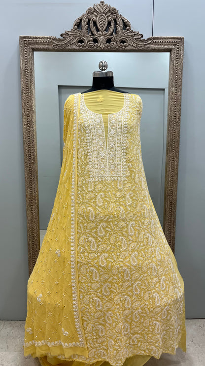 Pure Georgette Superfine Straight Heavy Sequence Pearl and Cutdana Yellow