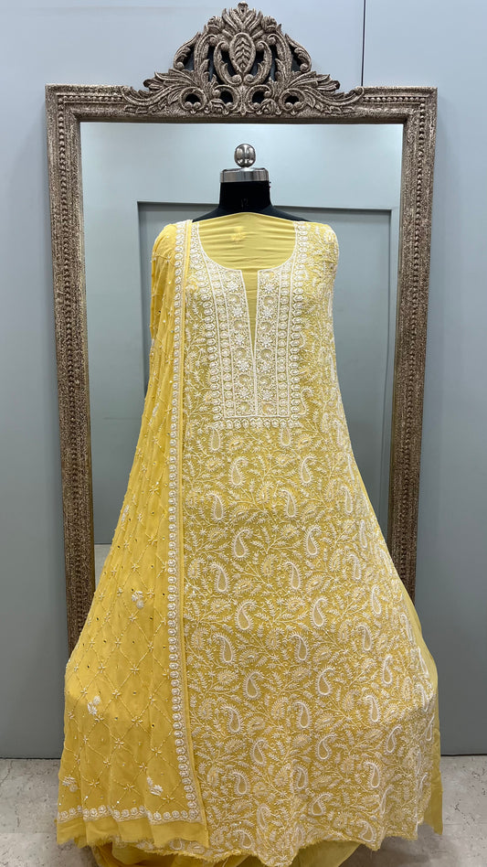 Pure Georgette Superfine Straight Heavy Sequence Pearl and Cutdana Yellow