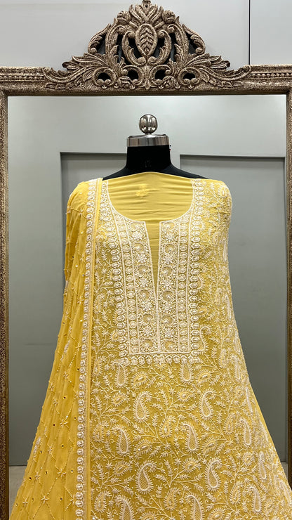 Pure Georgette Superfine Straight Heavy Sequence Pearl and Cutdana Yellow