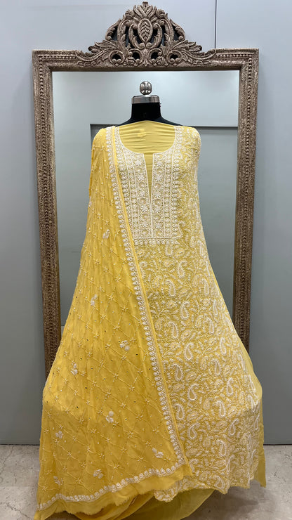 Pure Georgette Superfine Straight Heavy Sequence Pearl and Cutdana Yellow