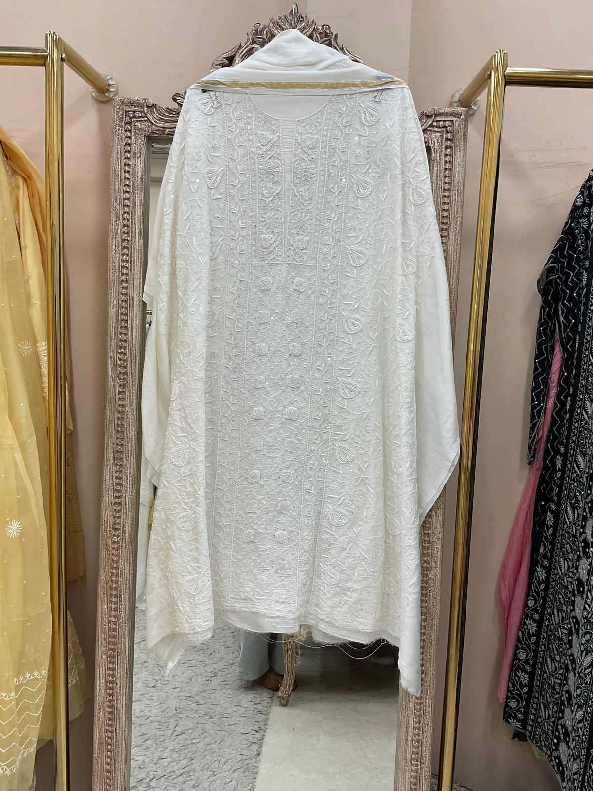 Pure Mul Cotton Straight Pearl And Addon Work With Dupatta White
