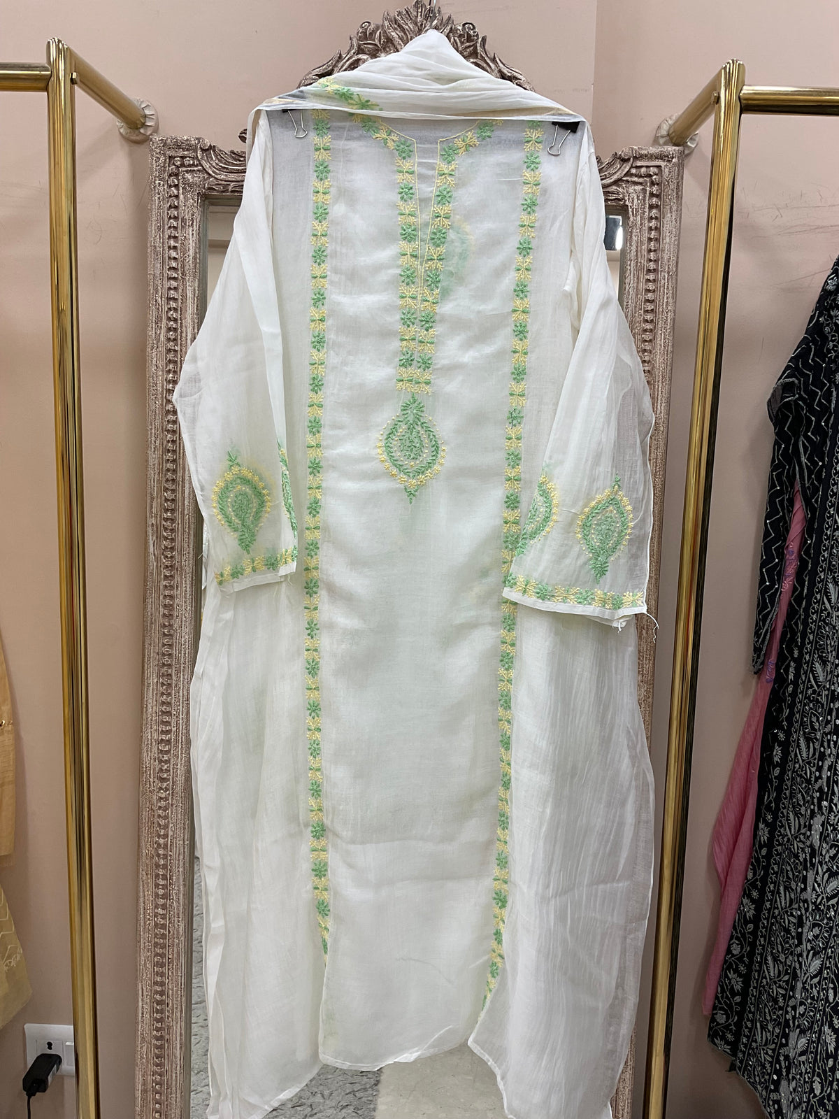 Pure Mul Straight Heavy Chikan Work With Dupatta White