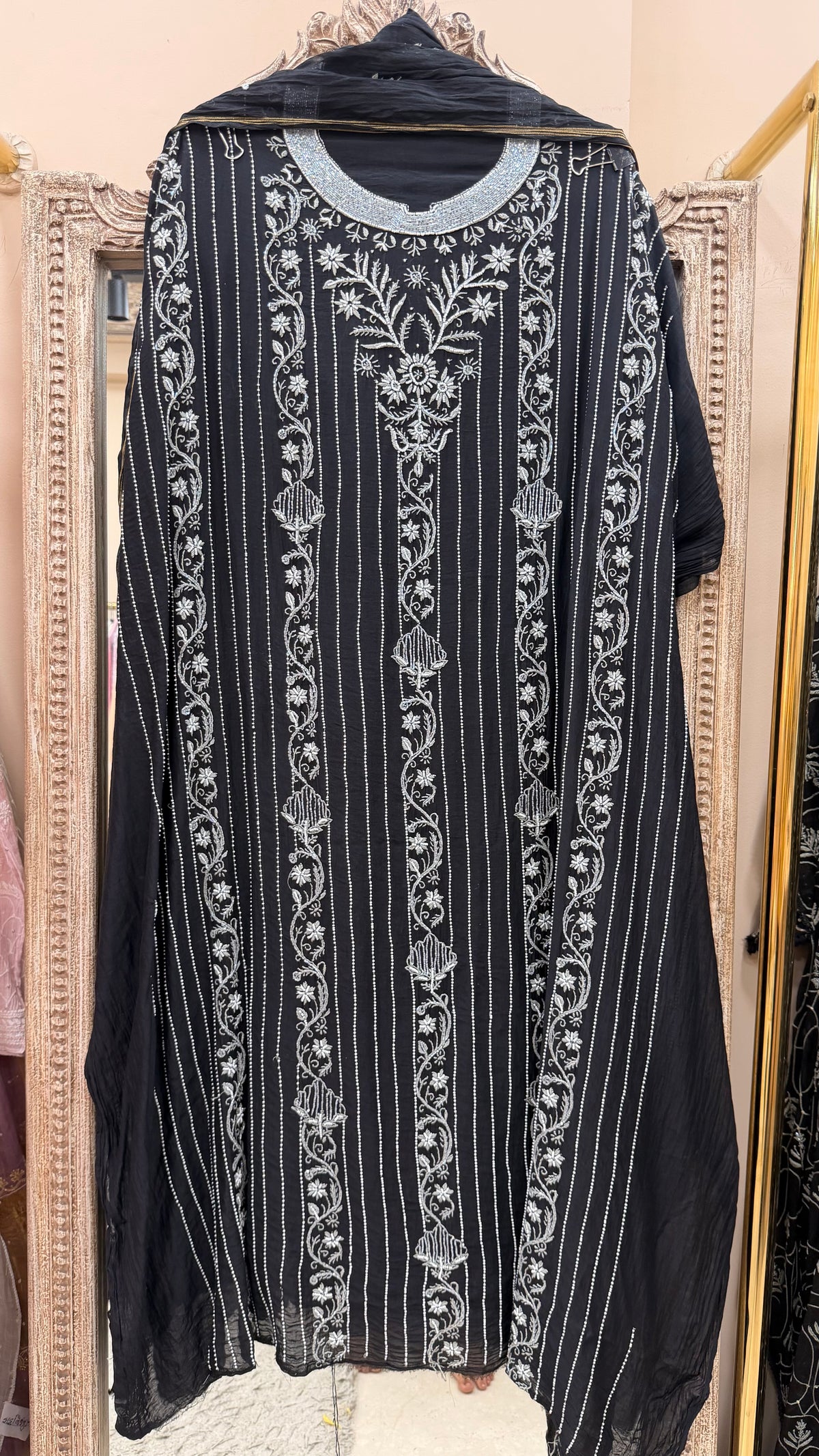 Pure Mulmul Cotton Kurta Pearl And Addon Work With Dupatta Black
