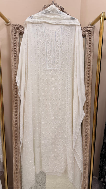 Pure Mulmul Cotton  Kurta Pearl And Addon Work With Heavy Dupatta White 03