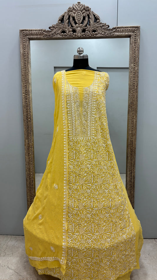Pure Georgette Superfine Straight Heavy Sequence Pearl and Cutdana Yellow