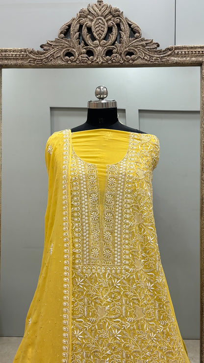 Pure Georgette Superfine Straight Heavy Sequence Pearl and Cutdana Yellow