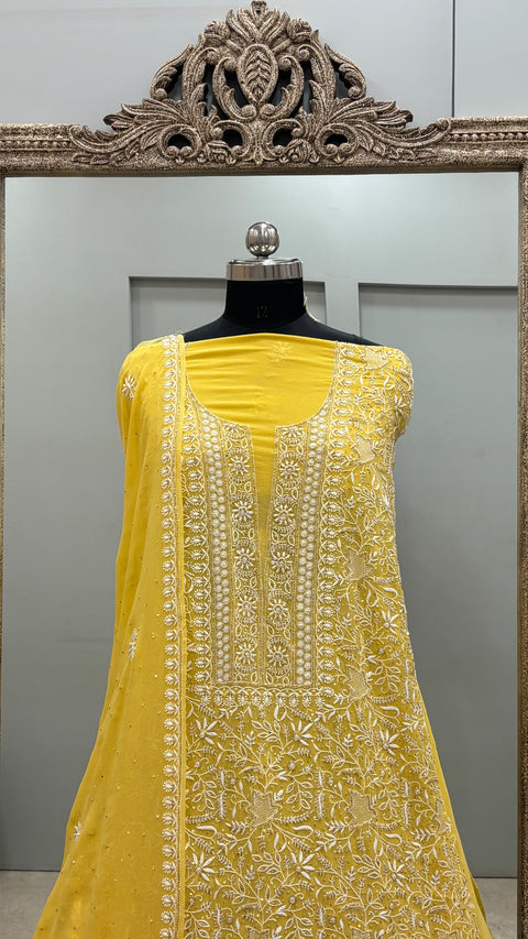 Pure Georgette Superfine Straight Heavy Sequence Pearl and Cutdana Yellow