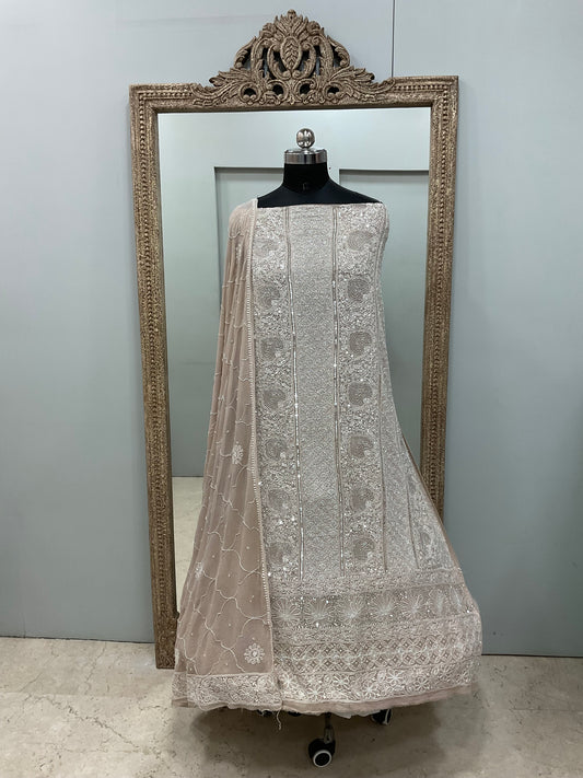 Pure Georgette Heavy Pearl Cutdana and Sequence Designer Goloden Beige