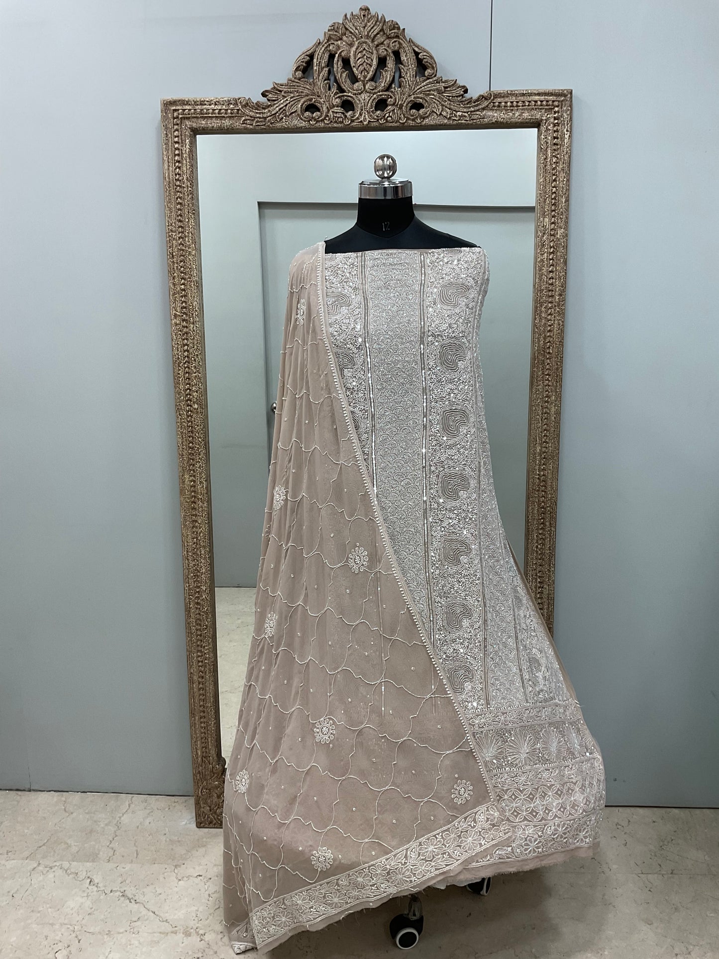 Pure Georgette Heavy Pearl Cutdana and Sequence Designer Goloden Beige