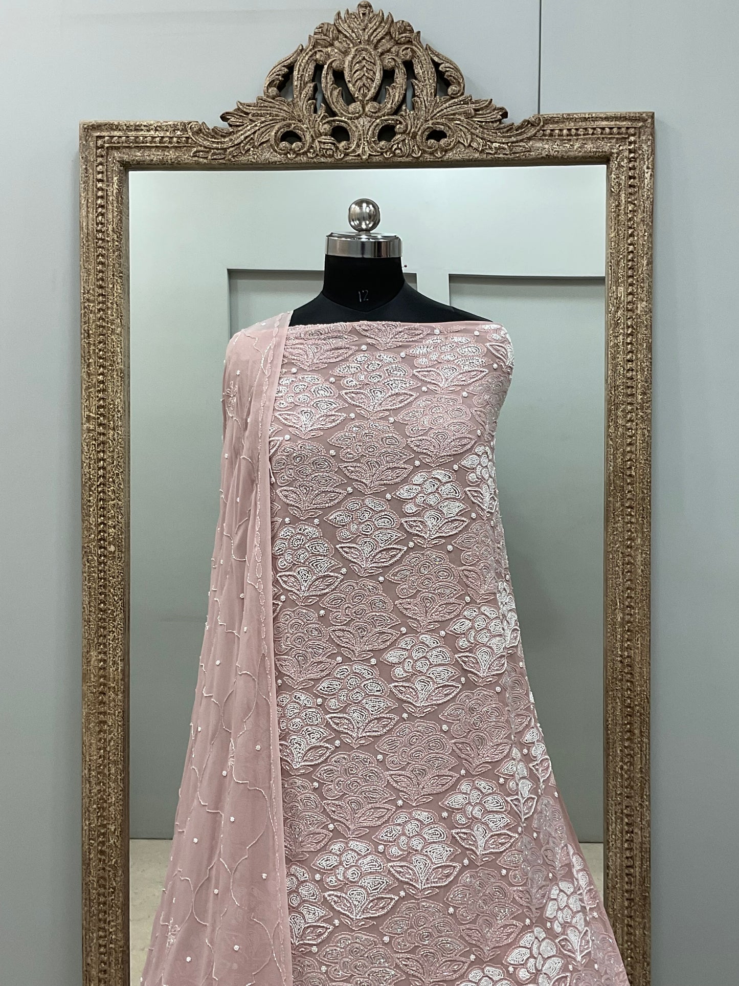 Pure Georgette Heavy Pearl Cutdana and Sequence Designer Onion Pink