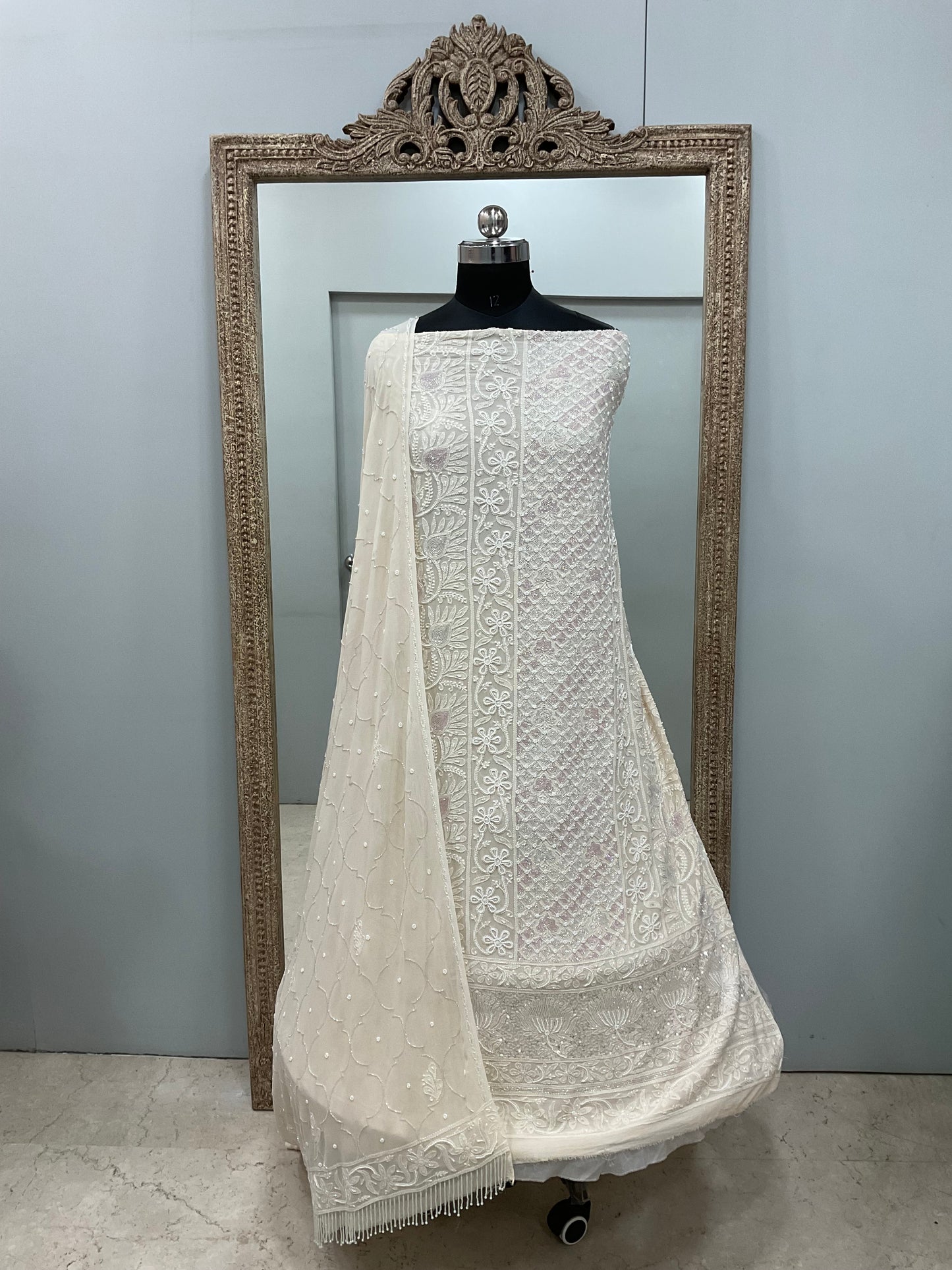 Pure Georgette Heavy Pearl Cutdana and Sequence Designer Powder Beige