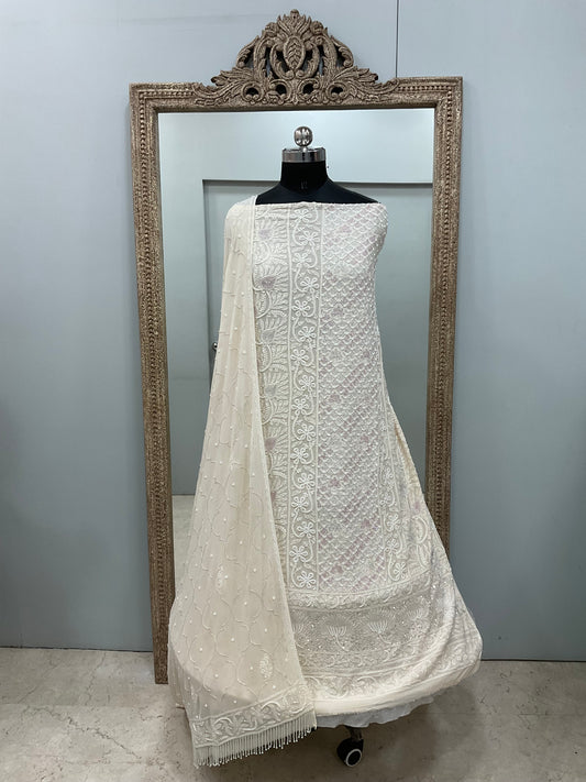 Pure Georgette Heavy Pearl Cutdana and Sequence Designer Powder Beige