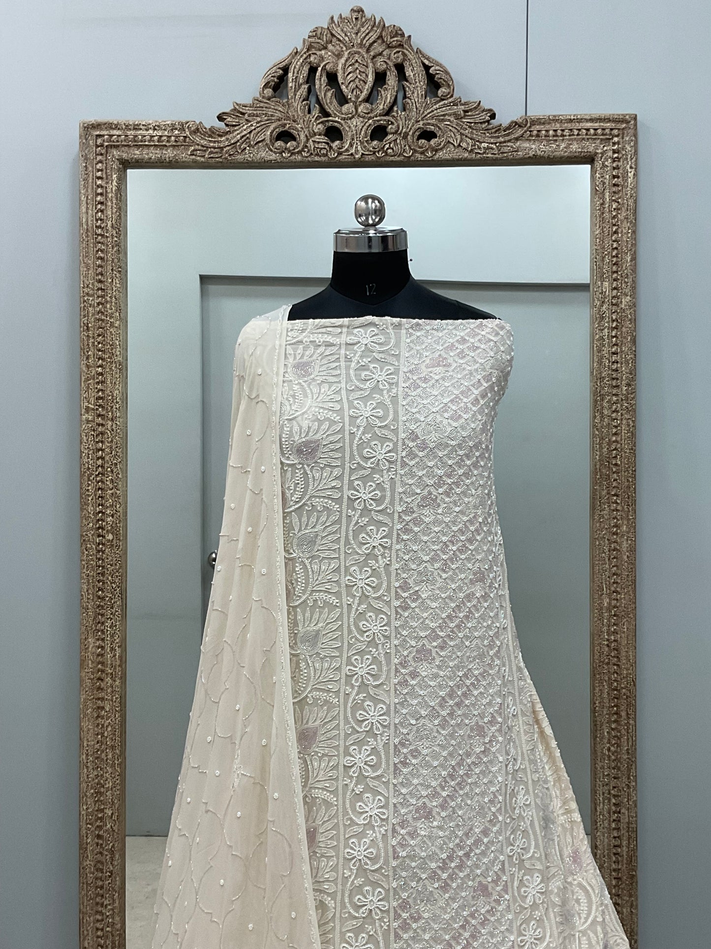 Pure Georgette Heavy Pearl Cutdana and Sequence Designer Powder Beige