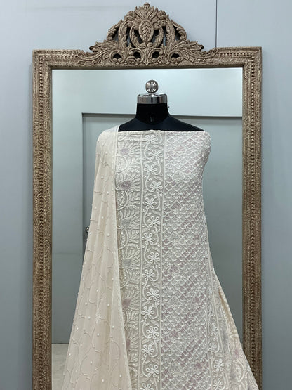 Pure Georgette Heavy Pearl Cutdana and Sequence Designer Powder Beige